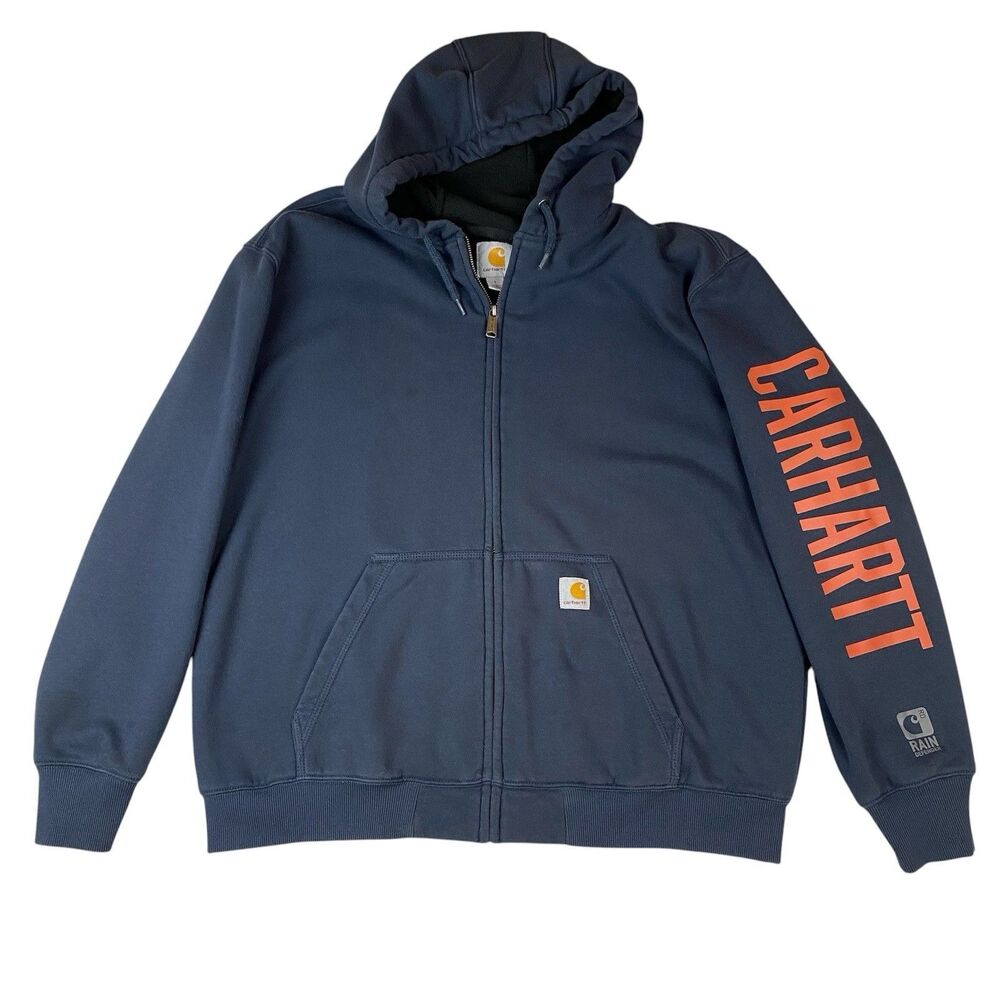 Carhartt Rain Defender Fleece Lined Hoodie Full Zip Jacket Logo Sleeve Navy L